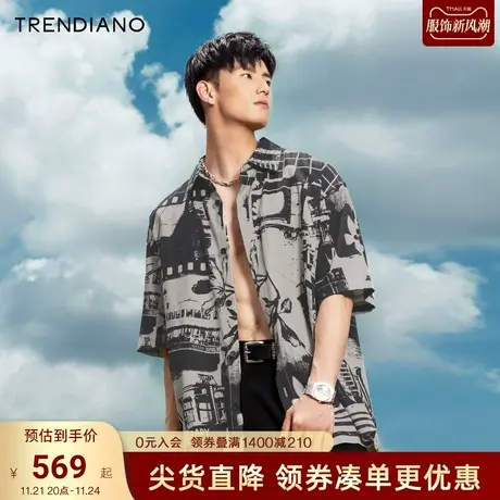 TRENDIANO官方2023新款秋季港风街景印花宽松短袖衬衫潮男商品大图
