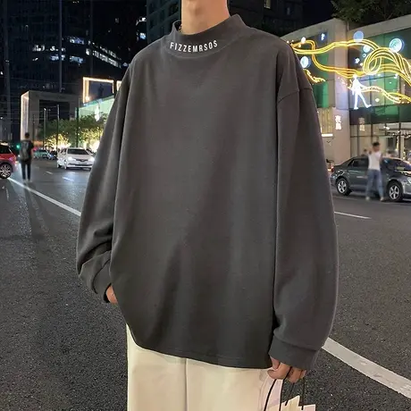 潮流半高领德绒打底衫男春秋季新款纯色内搭针织衫男生长袖上衣服商品大图