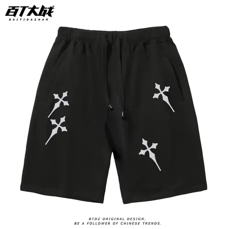 潮牌欧美短裤男高街风十字架直筒阔腿夏季oversize运动五分中裤子商品大图