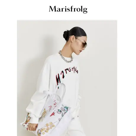 【言选好物】玛丝菲尔女装春季新款白色圆领卫衣上衣长袖套头商品大图