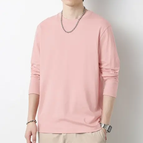 男士长袖t恤纯棉纯色粉色上衣服秋季潮流内搭打底衫全棉圆领体恤商品大图