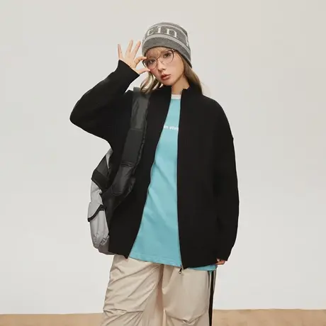 日系复古黑色开衫毛衣女秋冬2023年新款潮牌宽松半高领针织衫外套图片