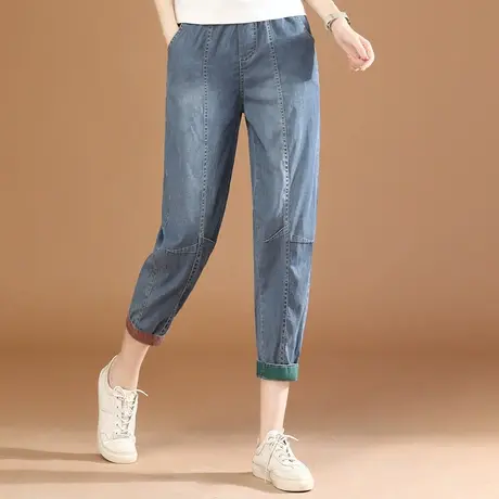 韩潮袭人松紧腰磨白休闲九分牛仔裤女夏季新款宽松显瘦哈伦裤薄款图片