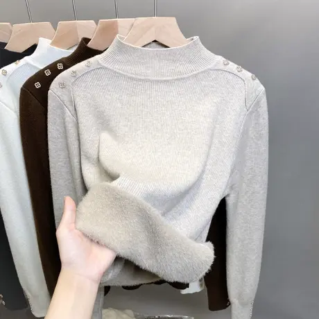 加绒半高领毛衣女一体绒加厚打底衫2023秋冬新款针织衫内搭上衣潮商品大图