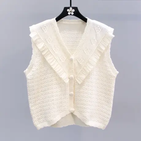 荷叶边拼接V领针织马甲外套女秋冬2023新款高级感宽松毛衣背心商品大图