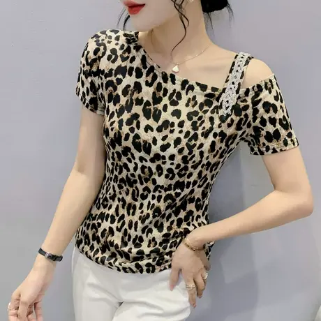 欧货豹纹T恤女短袖2024夏季新款设计感露肩上衣洋气时尚紧身小衫商品大图