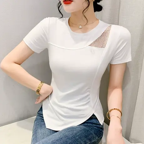 欧货设计感开叉上衣女短袖性感镂空小衫时尚不规则T恤修身半袖夏图片