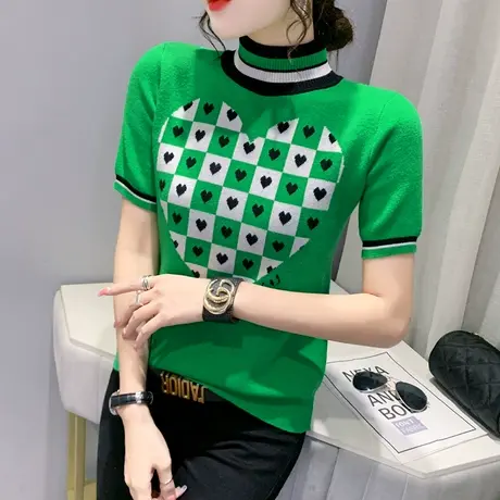 半高领短袖针织衫女2023春夏新款撞色洋气T恤欧货紧身百搭上衣潮图片