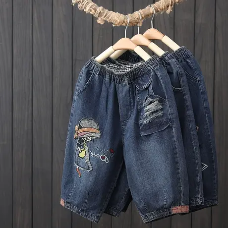 复古贴布刺绣牛仔六分裤女夏季2023年新款宽松破洞五分哈伦裤中裤商品大图