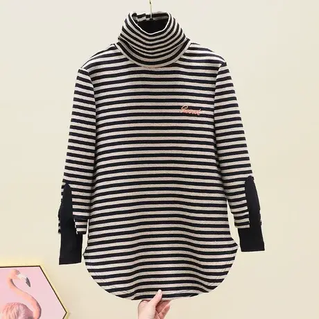 秋冬新款复古T恤女高领显瘦条纹拼接洋气加绒卫衣时尚百搭打底衫图片