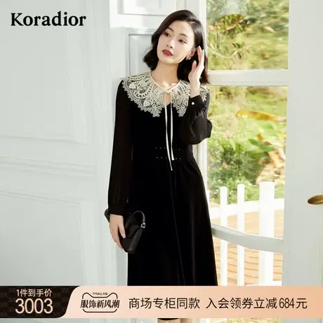 珂莱蒂尔商场同款女装撞色蕾丝花边领丝绒高端连衣裙图片