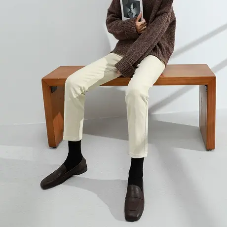 米色牛仔裤女直筒宽松2023年新款秋冬季高腰加绒加厚显瘦烟管裤子商品大图