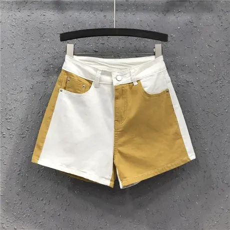 个性牛仔短裤女夏季新款欧洲站时尚撞色拼接休闲显瘦宽松阔腿热裤商品大图