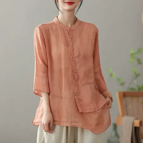 dza 复古纯色苎麻衬衫女2023夏薄款立领衬衣显瘦百搭棉麻开衫上衣商品大图