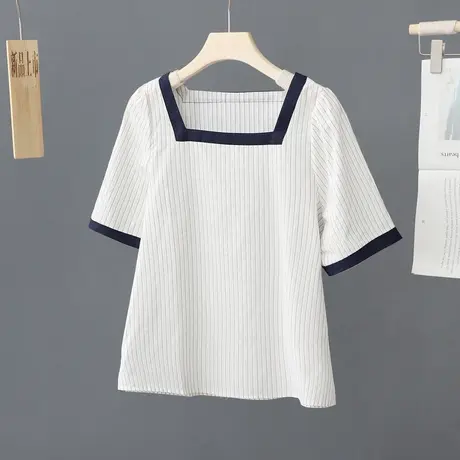 减龄短袖格子T恤女夏季2024年胖妹妹法式遮肚子体恤法式条纹上衣图片