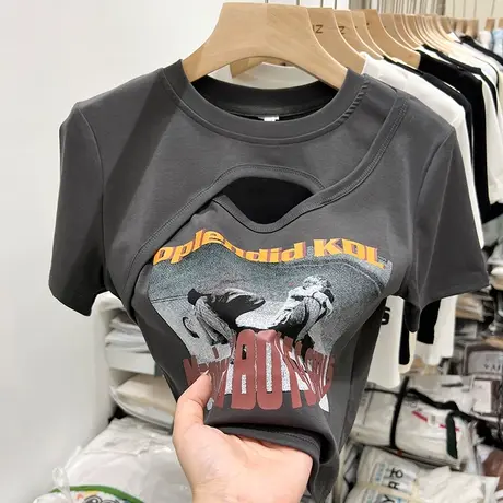 镂空拼接短袖T恤女夏装韩版设计感小众修身小个子短款半袖上衣潮商品大图