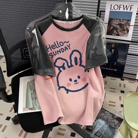 vintage设计感小众拼色插肩宽松减龄短袖t恤女夏美式大码上衣ins图片