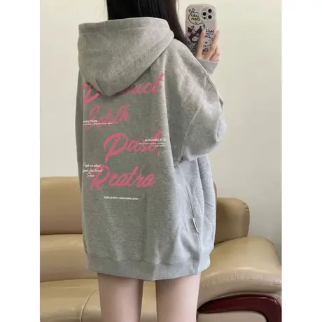 嘻哈卫衣oversize大码加绒连帽外套ins潮秋冬灰色百搭古着上衣女商品大图