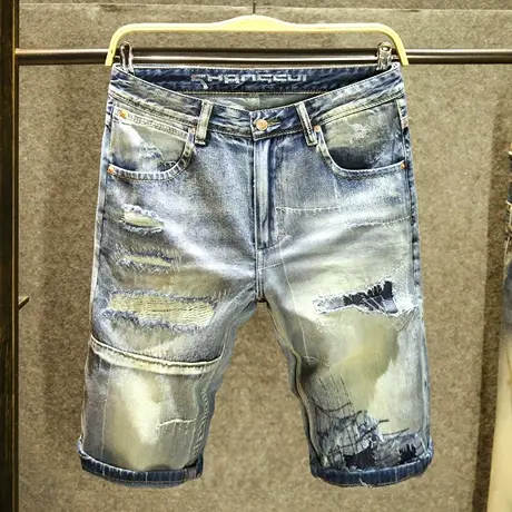 破洞补丁潮牌短裤男牛仔五分裤复古水洗个性拼接痞帅5分中裤夏季商品大图