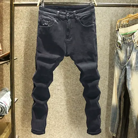 黑灰色简约青年牛仔裤男款修身小脚弹力长裤秋季新款时尚百搭裤子商品大图