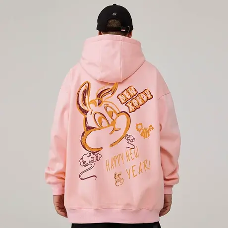 2025粉色连帽卫衣秋冬季新款大码国潮宽松大码男生情侣加绒外套商品大图