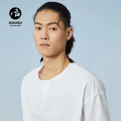 后序中国风T恤男长袖宽松白色V领原创设计师男装高端 刺绣t恤男商品大图