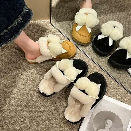 棉拖鞋女冬季2023新款室内家居加绒保暖毛拖毛茸毛球厚底包头棉鞋商品大图