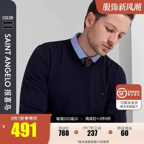报喜鸟2022秋新款男商务休闲V领羊毛衫直筒套头保暖针织衫男毛衣商品大图