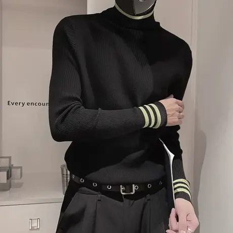 高领毛衣男秋冬新款时尚条纹内搭针织衫ins痞帅轻熟修身打底线衣商品大图