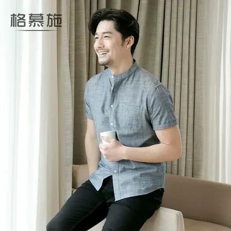 格慕施春夏男士立领短袖衬衫全棉圆领寸衫青年休闲纯色潮流男衬衣图片