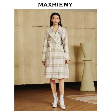 MAXRIENY格纹复古简约大衣宽松冬毛呢外套长款女图片