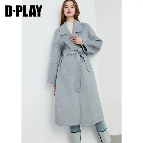 DPLAY冬新轻奢气质灰色翻领插肩袖中长款重磅羊毛双面呢大衣商品大图