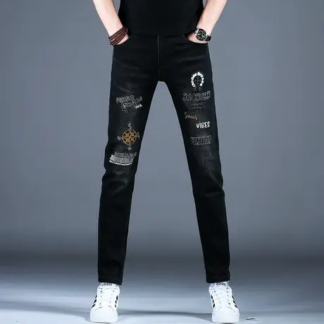 新款男士刺绣牛仔裤男款修身黑色韩版潮流小脚花裤子潮牌弹力百搭商品大图