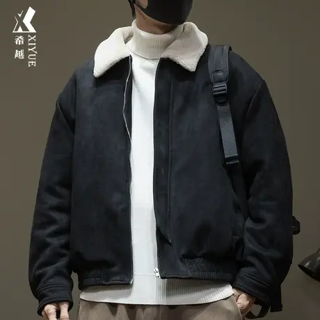 希越麂皮绒翻领夹克外套男冬季新款美式宽松大码男士颗粒绒领棉衣商品大图