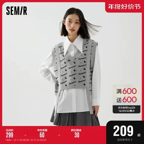 [商场同款]森马针织衫女字母背心尖领衬衫2023秋季新款宽松两件套图片