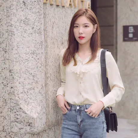 桔熊春秋法式复古漂亮的上衣蕾丝花边领长袖衬衫女装大码AB11104图片