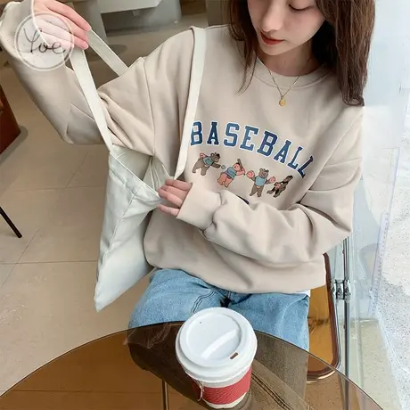 yoe23春秋新款女卫衣胸前小熊印花美式复古休闲慵懒百搭简约上衣图片
