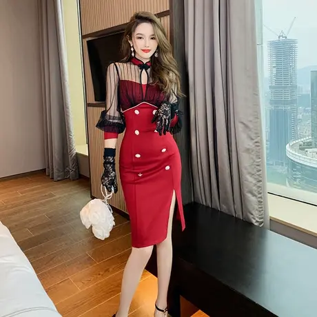 新款红色伴娘敬酒晚礼服冬季宴会气质镂空拼接抹胸收腰包臀连衣裙商品大图