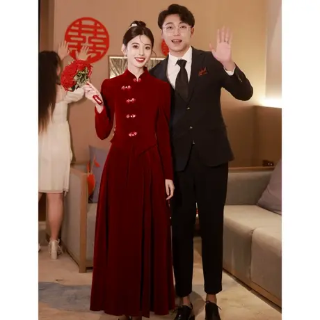中式丝绒敬酒服2023新款新娘冬季长袖回门订婚礼服复古高级感长款商品大图