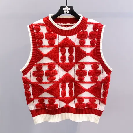 新年红色针织马甲女冬季2024新款宽松时尚洋气减龄无袖毛衣背心图片