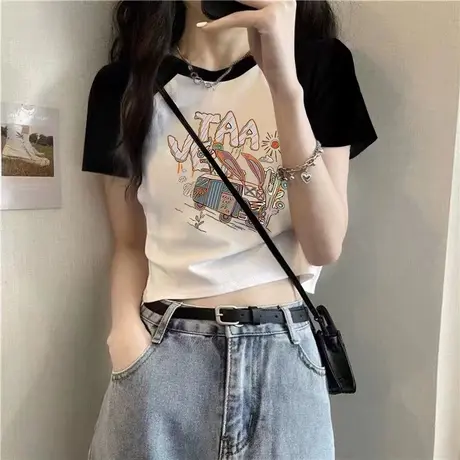 短款小个子半袖T恤女纯棉早春夏装修身显瘦拼色插肩短袖上衣ins潮商品大图