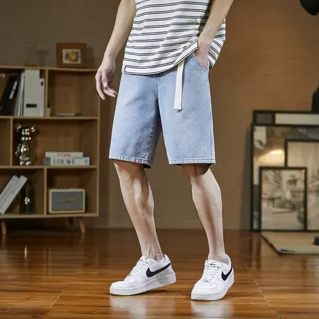 唐狮春夏季牛仔短裤男宽松直筒潮牌个性百搭休闲时尚浅色中裤男商品大图