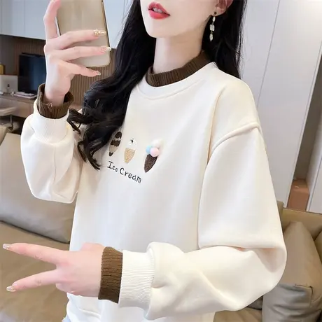 早春半高领卫衣女春秋韩版宽松大码设计感小众薄款假两件上衣外套图片