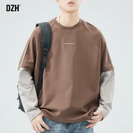 男士假两件长袖t恤男春季纯棉2024年新款美式插肩上衣棕色打底衫图片