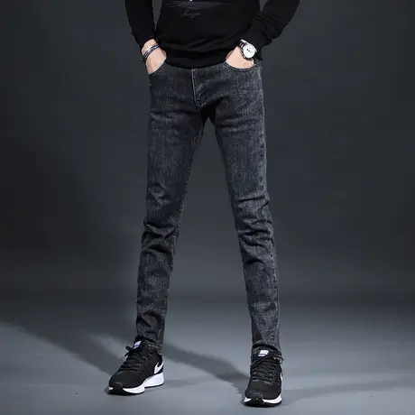 高端牛仔裤男秋冬款潮牌修身小脚黑色潮流百搭男士休闲长裤子加绒图片