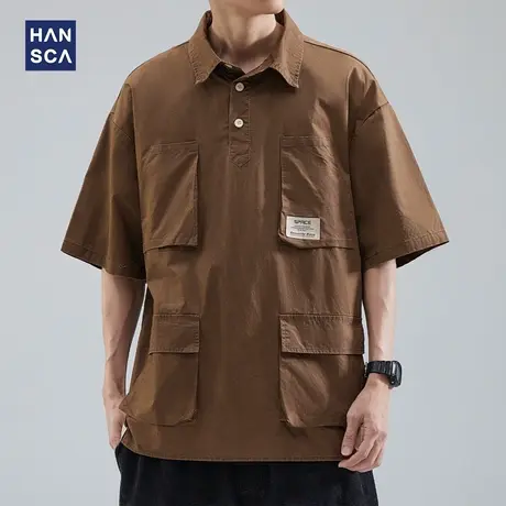 hansca夏季短袖衬衫男宽松纯棉工装衬衣日系设计感休闲半袖上衣潮商品大图