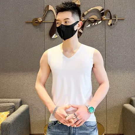 夏季男士冰丝背心修身V领汗衫薄款速干无痕纯色男装上衣服打底衫图片