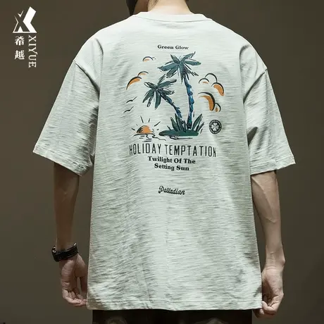 希越重磅240g竹节棉短袖T恤男春夏新款宽松大码男士潮牌打底上衣商品大图