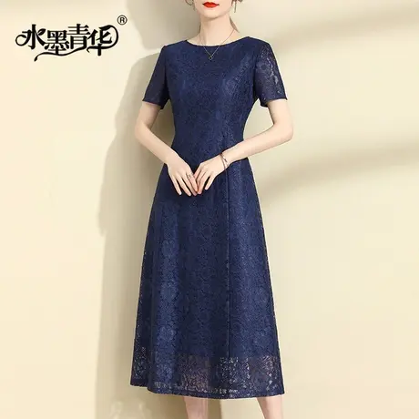 水墨青华2024新款夏天裙子简约修身蕾丝裙优雅收腰时尚短袖连衣裙图片