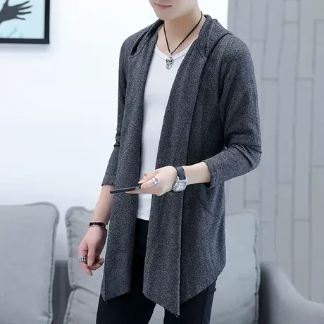 潮牌秋季休闲针织开衫风衣男士连帽潮流百搭毛衣外套中长款披风潮商品大图